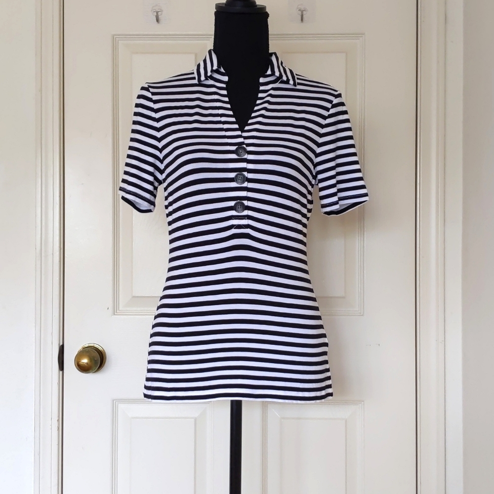 NWOT. The Limited Rayon and Spandex Black and white Stripes Short Sleeve Polo.